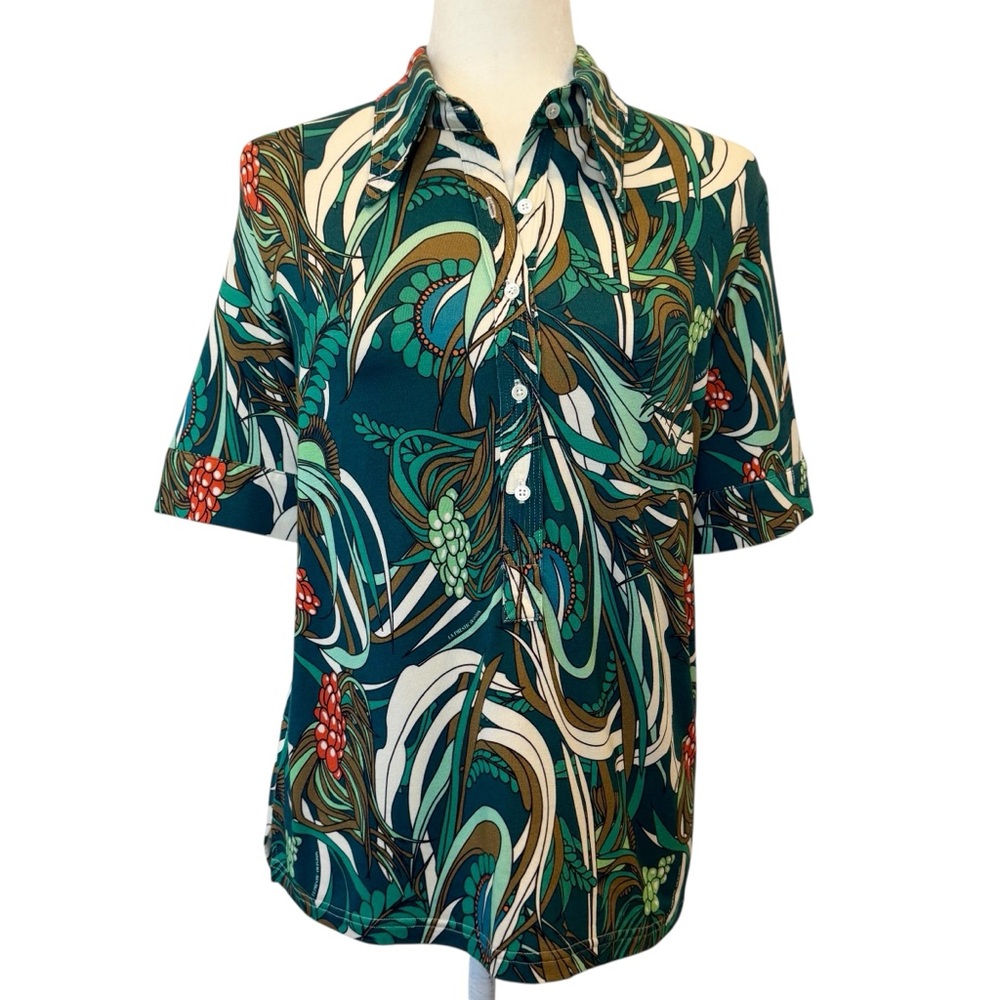 LA PRESTIC OUISTON Signature Coral Aqua Print Lauren Polo Shirt Blouse Top 🔥